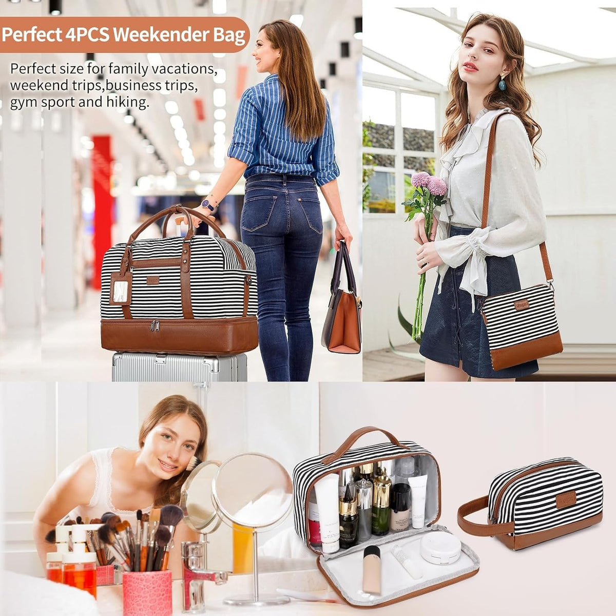 4PCS Weekender Bags for Women Large Overnight Weekend Travel Duffel Carry on Shoulder with Shoe Compartment Canvas Toiletry Bag for Travel Business Gym
