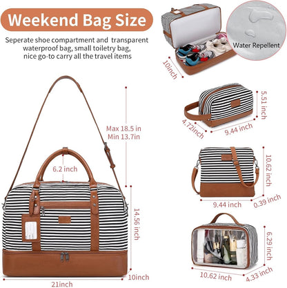 4PCS Weekender Bags for Women Large Overnight Weekend Travel Duffel Carry on Shoulder with Shoe Compartment Canvas Toiletry Bag for Travel Business Gym