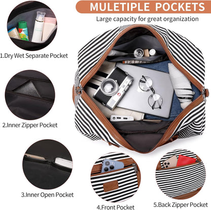 4PCS Weekender Bags for Women Large Overnight Weekend Travel Duffel Carry on Shoulder with Shoe Compartment Canvas Toiletry Bag for Travel Business Gym