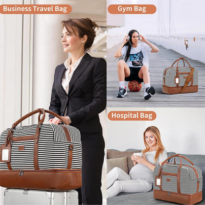 4PCS Weekender Bags for Women Large Overnight Weekend Travel Duffel Carry on Shoulder with Shoe Compartment Canvas Toiletry Bag for Travel Business Gym