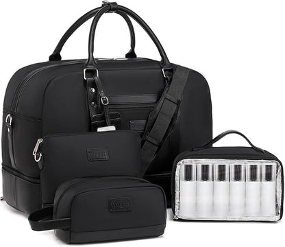 4PCS Weekender Bags for Women Large Overnight Weekend Travel Duffel Carry on Shoulder with Shoe Compartment Canvas Toiletry Bag for Travel Business Gym