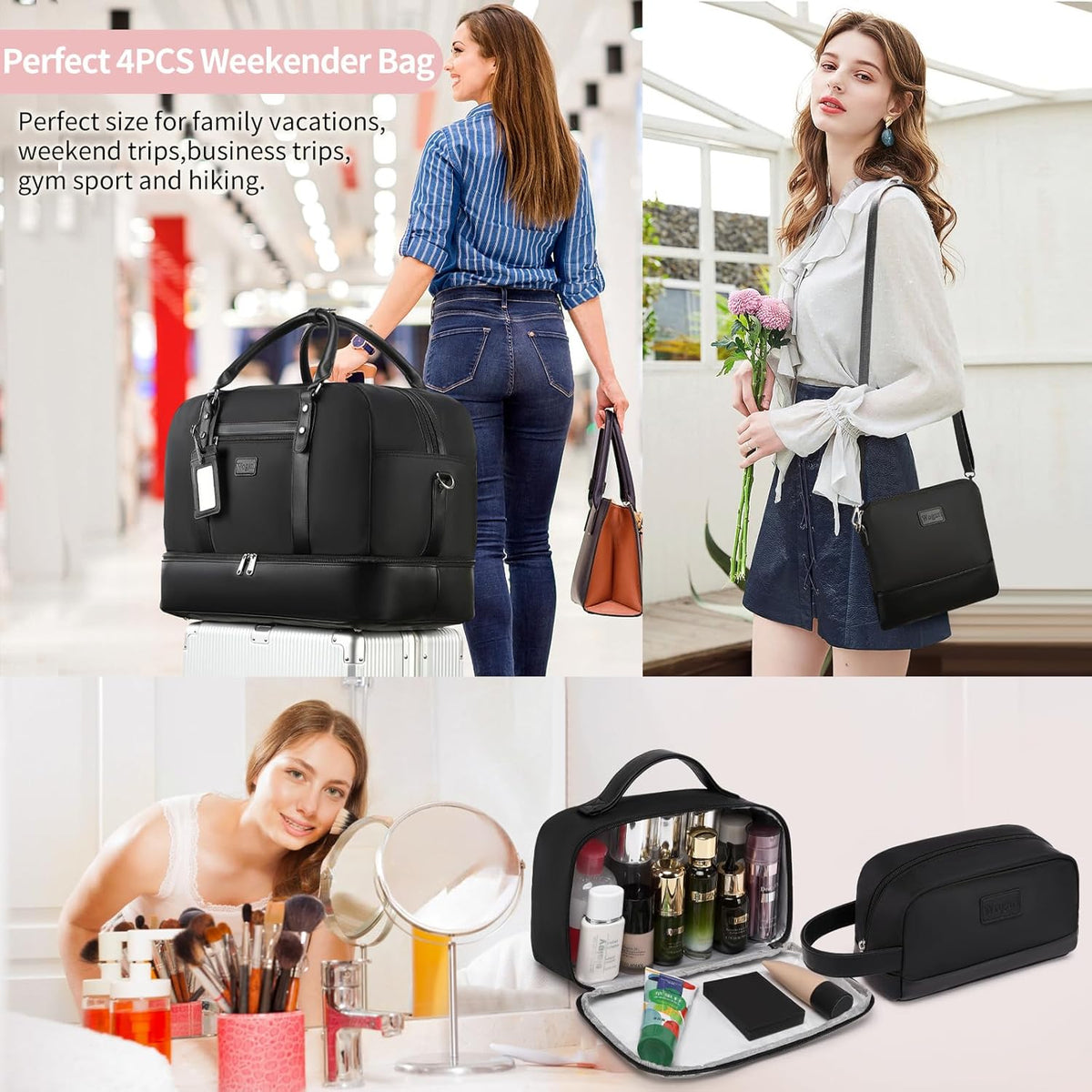 4PCS Weekender Bags for Women Large Overnight Weekend Travel Duffel Carry on Shoulder with Shoe Compartment Canvas Toiletry Bag for Travel Business Gym