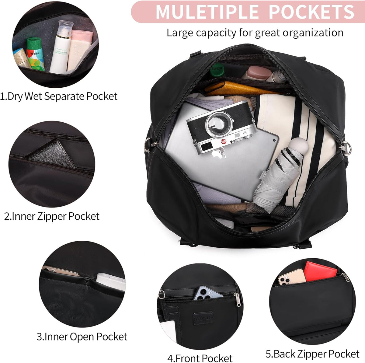 4PCS Weekender Bags for Women Large Overnight Weekend Travel Duffel Carry on Shoulder with Shoe Compartment Canvas Toiletry Bag for Travel Business Gym