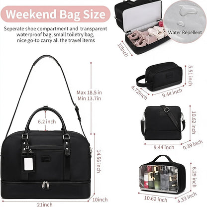 4PCS Weekender Bags for Women Large Overnight Weekend Travel Duffel Carry on Shoulder with Shoe Compartment Canvas Toiletry Bag for Travel Business Gym