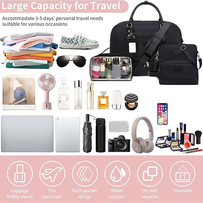 4PCS Weekender Bags for Women Large Overnight Weekend Travel Duffel Carry on Shoulder with Shoe Compartment Canvas Toiletry Bag for Travel Business Gym