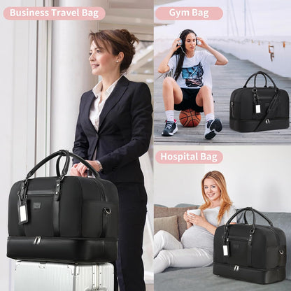 4PCS Weekender Bags for Women Large Overnight Weekend Travel Duffel Carry on Shoulder with Shoe Compartment Canvas Toiletry Bag for Travel Business Gym