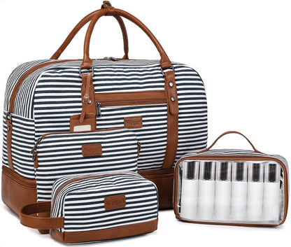 4PCS Weekender Bags for Women Large Overnight Weekend Travel Duffel Carry on Shoulder with Shoe Compartment Canvas Toiletry Bag for Travel Business Gym