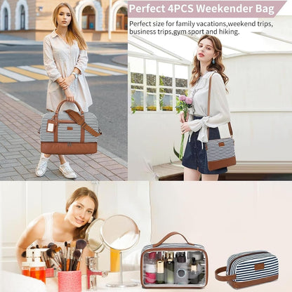 4PCS Weekender Bags for Women Large Overnight Weekend Travel Duffel Carry on Shoulder with Shoe Compartment Canvas Toiletry Bag for Travel Business Gym