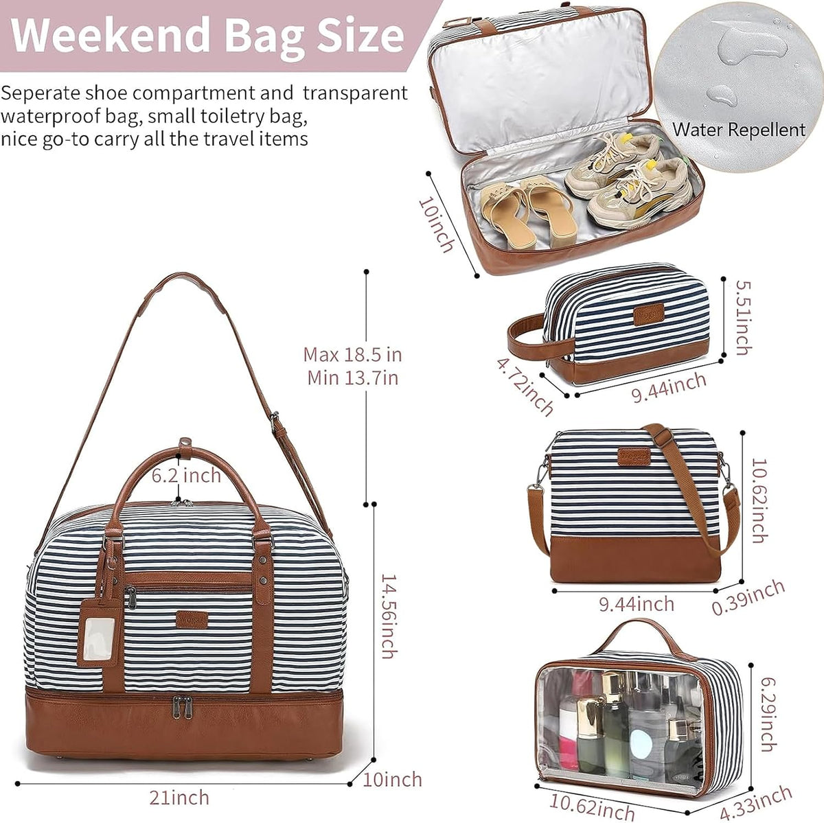 4PCS Weekender Bags for Women Large Overnight Weekend Travel Duffel Carry on Shoulder with Shoe Compartment Canvas Toiletry Bag for Travel Business Gym