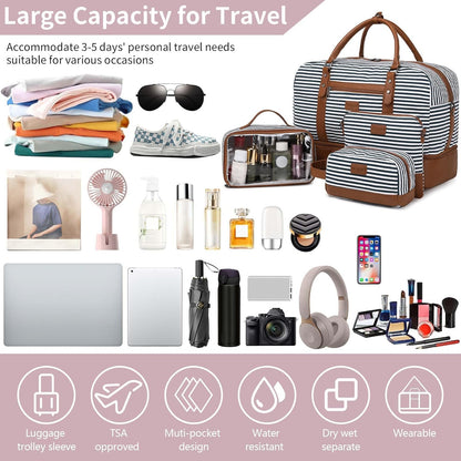 4PCS Weekender Bags for Women Large Overnight Weekend Travel Duffel Carry on Shoulder with Shoe Compartment Canvas Toiletry Bag for Travel Business Gym