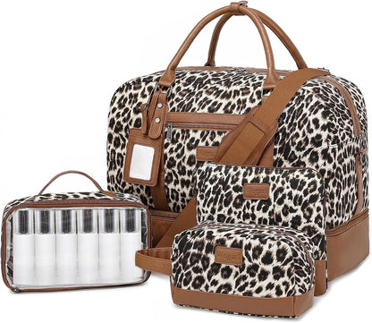 4PCS Weekender Bags for Women Large Overnight Weekend Travel Duffel Carry on Shoulder with Shoe Compartment Canvas Toiletry Bag for Travel Business Gym