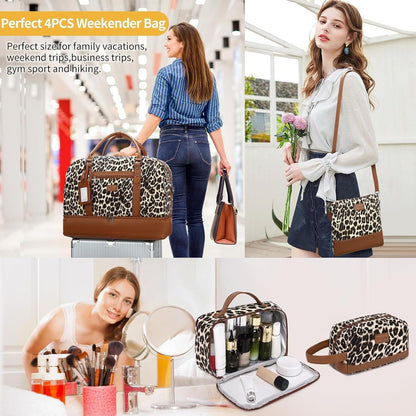 4PCS Weekender Bags for Women Large Overnight Weekend Travel Duffel Carry on Shoulder with Shoe Compartment Canvas Toiletry Bag for Travel Business Gym