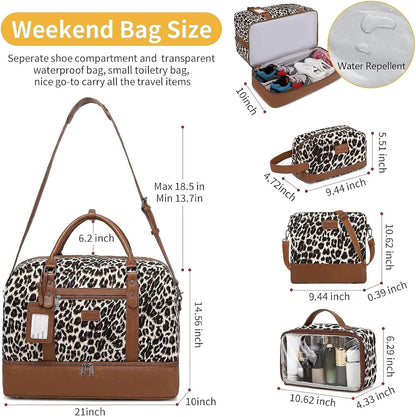 4PCS Weekender Bags for Women Large Overnight Weekend Travel Duffel Carry on Shoulder with Shoe Compartment Canvas Toiletry Bag for Travel Business Gym
