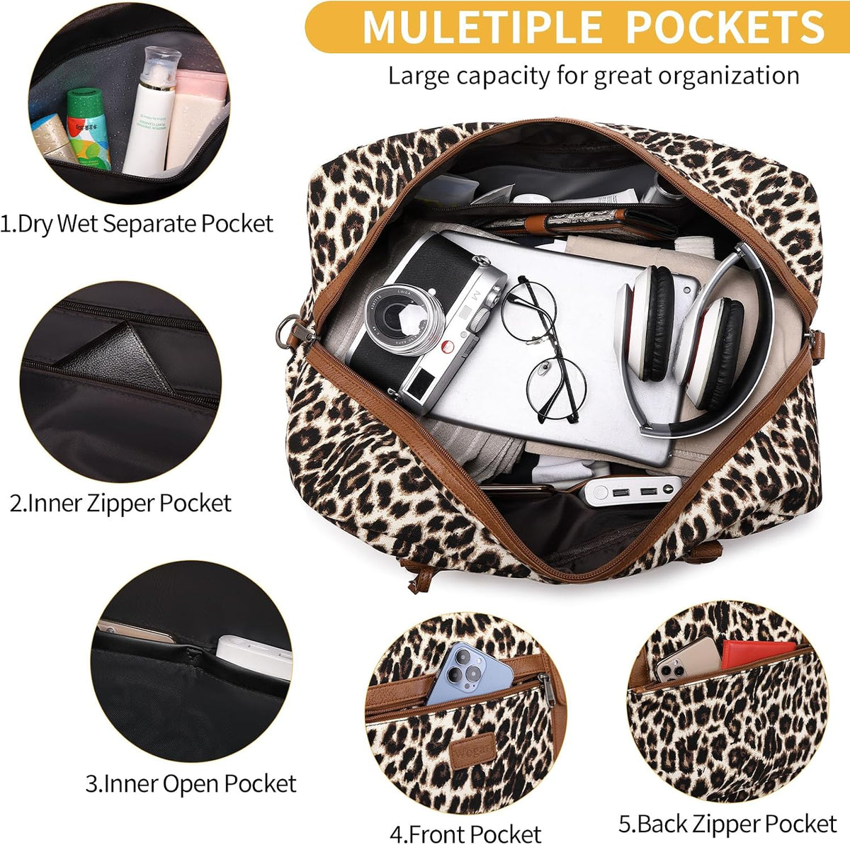 4PCS Weekender Bags for Women Large Overnight Weekend Travel Duffel Carry on Shoulder with Shoe Compartment Canvas Toiletry Bag for Travel Business Gym