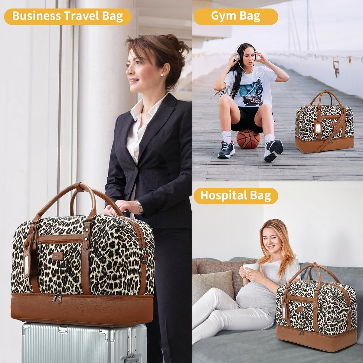4PCS Weekender Bags for Women Large Overnight Weekend Travel Duffel Carry on Shoulder with Shoe Compartment Canvas Toiletry Bag for Travel Business Gym