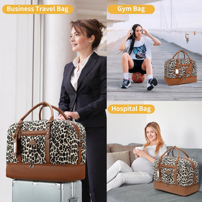 4PCS Weekender Bags for Women Large Overnight Weekend Travel Duffel Carry on Shoulder with Shoe Compartment Canvas Toiletry Bag for Travel Business Gym