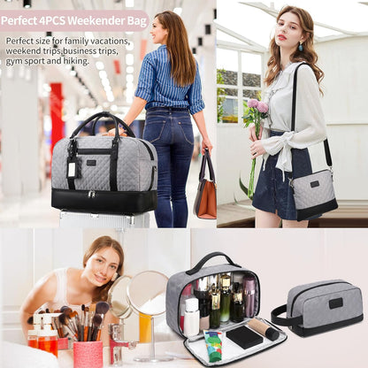 4PCS Weekender Bags for Women Large Overnight Weekend Travel Duffel Carry on Shoulder with Shoe Compartment Canvas Toiletry Bag for Travel Business Gym