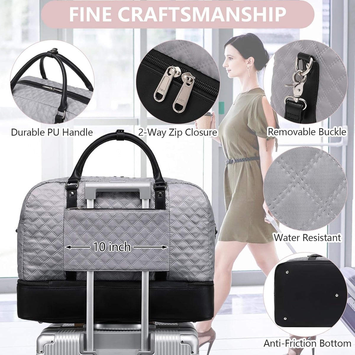 4PCS Weekender Bags for Women Large Overnight Weekend Travel Duffel Carry on Shoulder with Shoe Compartment Canvas Toiletry Bag for Travel Business Gym