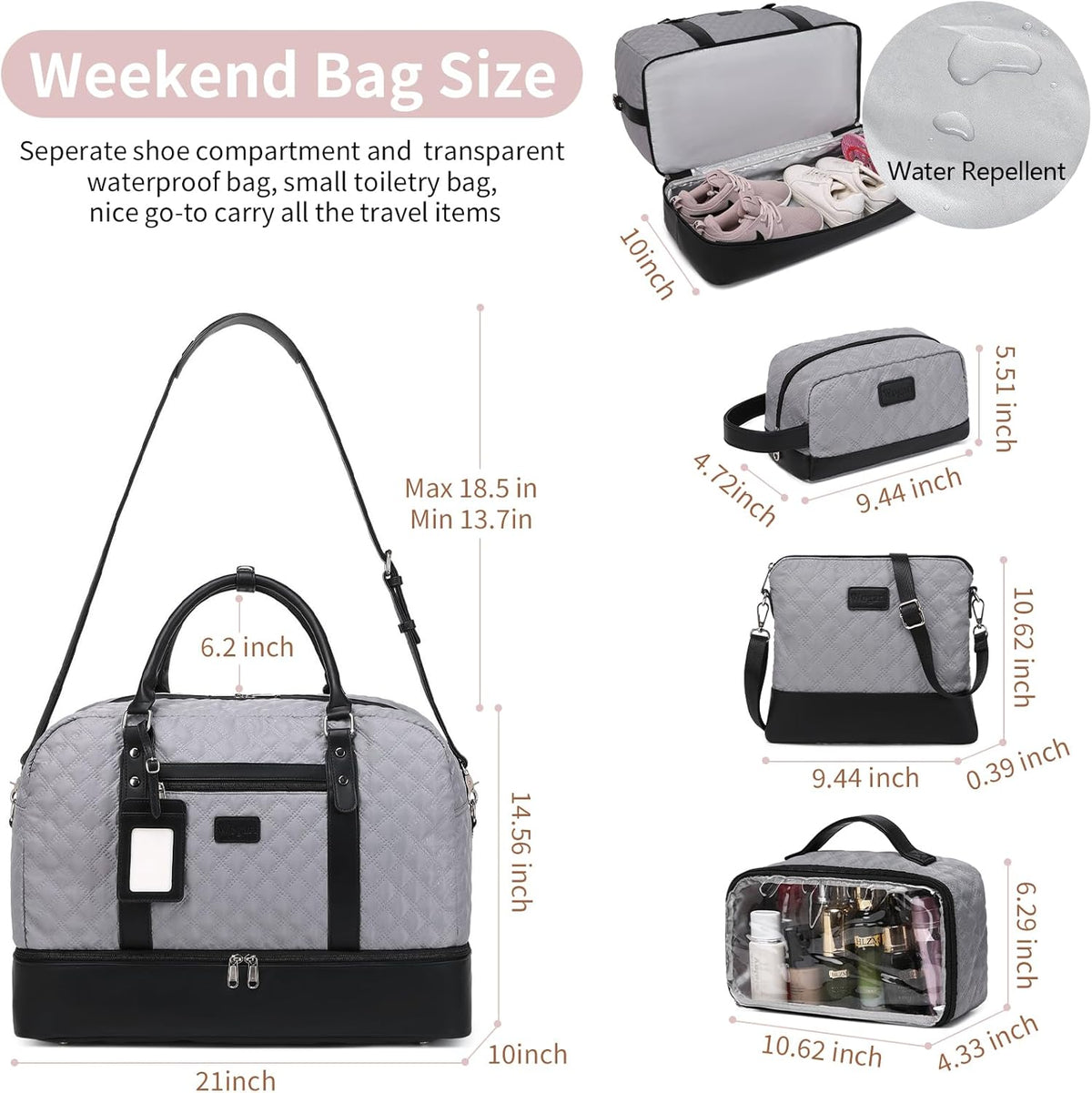 4PCS Weekender Bags for Women Large Overnight Weekend Travel Duffel Carry on Shoulder with Shoe Compartment Canvas Toiletry Bag for Travel Business Gym