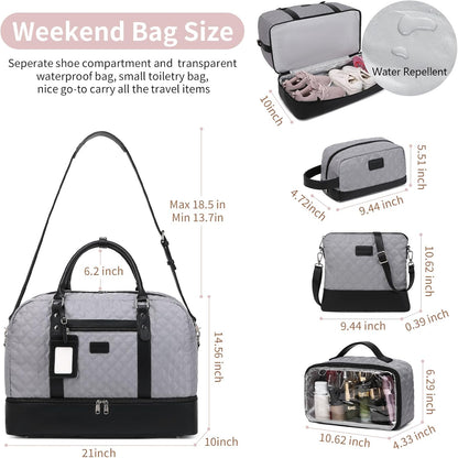 4PCS Weekender Bags for Women Large Overnight Weekend Travel Duffel Carry on Shoulder with Shoe Compartment Canvas Toiletry Bag for Travel Business Gym