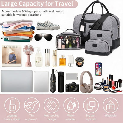 4PCS Weekender Bags for Women Large Overnight Weekend Travel Duffel Carry on Shoulder with Shoe Compartment Canvas Toiletry Bag for Travel Business Gym