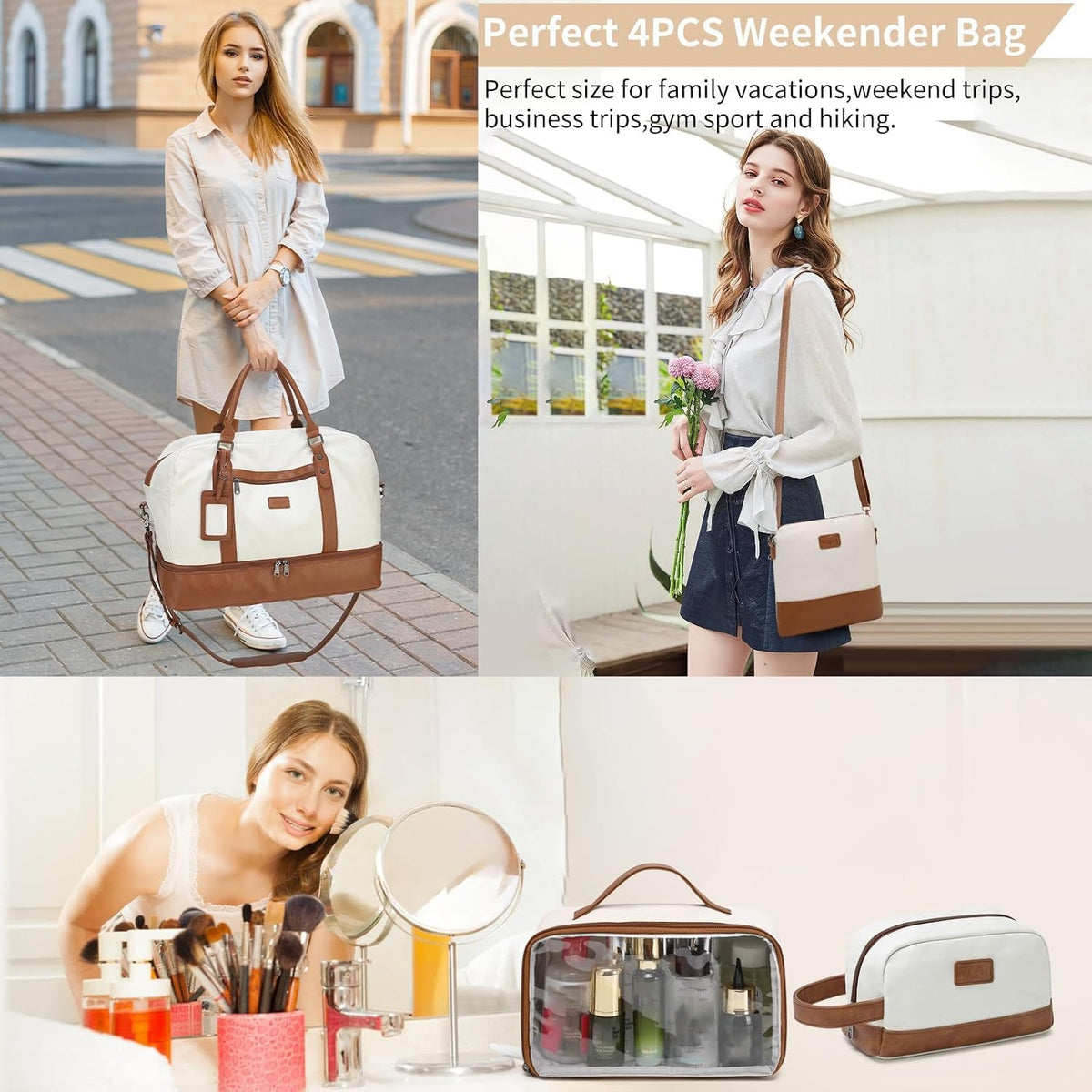 4PCS Weekender Bags for Women Large Overnight Weekend Travel Duffel Carry on Shoulder with Shoe Compartment Canvas Toiletry Bag for Travel Business Gym