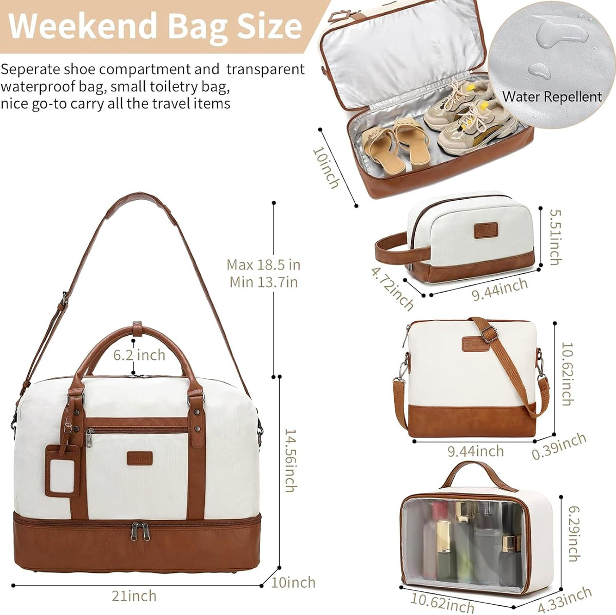 4PCS Weekender Bags for Women Large Overnight Weekend Travel Duffel Carry on Shoulder with Shoe Compartment Canvas Toiletry Bag for Travel Business Gym