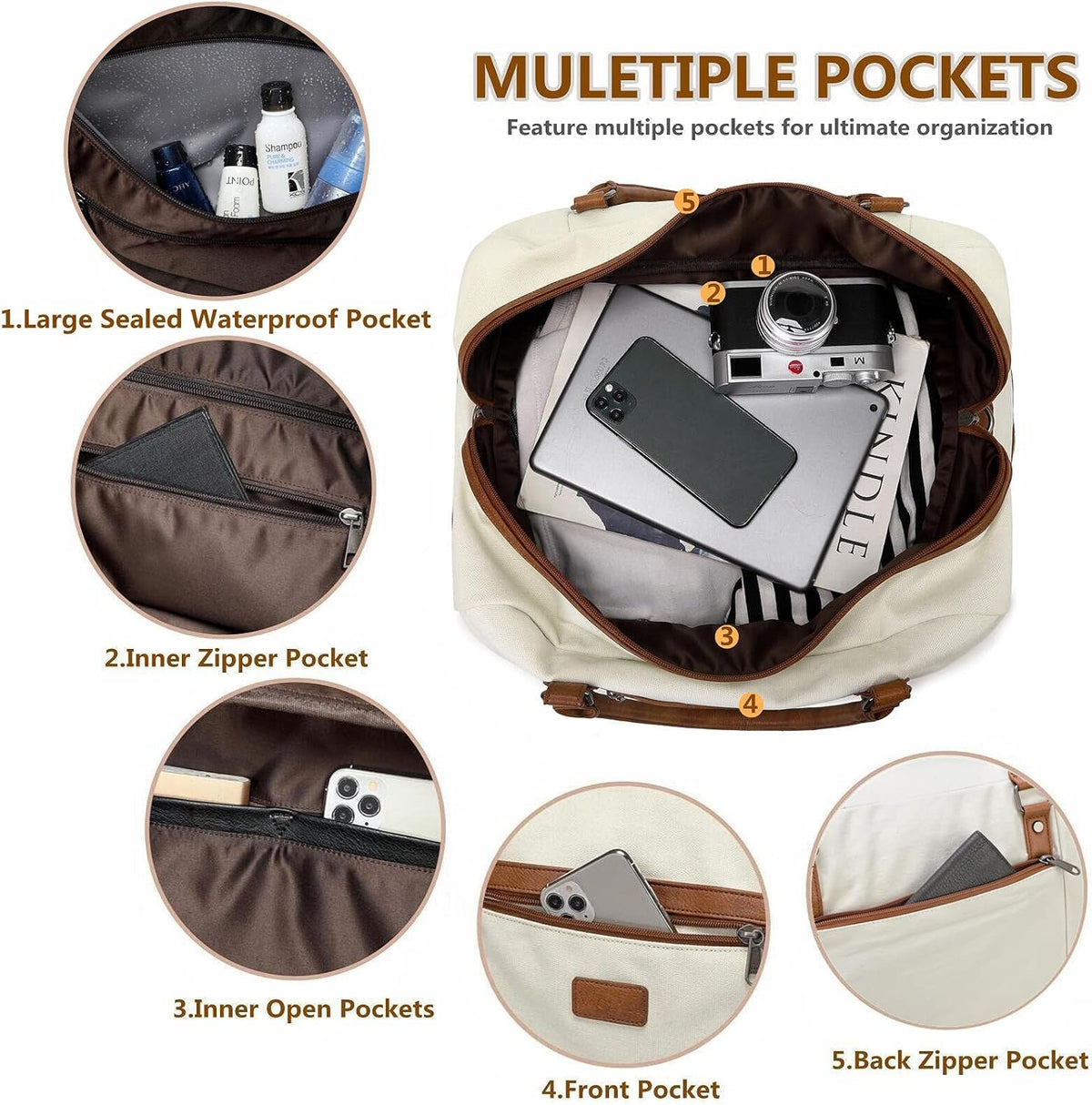 4PCS Weekender Bags for Women Large Overnight Weekend Travel Duffel Carry on Shoulder with Shoe Compartment Canvas Toiletry Bag for Travel Business Gym