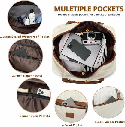 4PCS Weekender Bags for Women Large Overnight Weekend Travel Duffel Carry on Shoulder with Shoe Compartment Canvas Toiletry Bag for Travel Business Gym