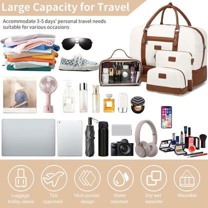 4PCS Weekender Bags for Women Large Overnight Weekend Travel Duffel Carry on Shoulder with Shoe Compartment Canvas Toiletry Bag for Travel Business Gym