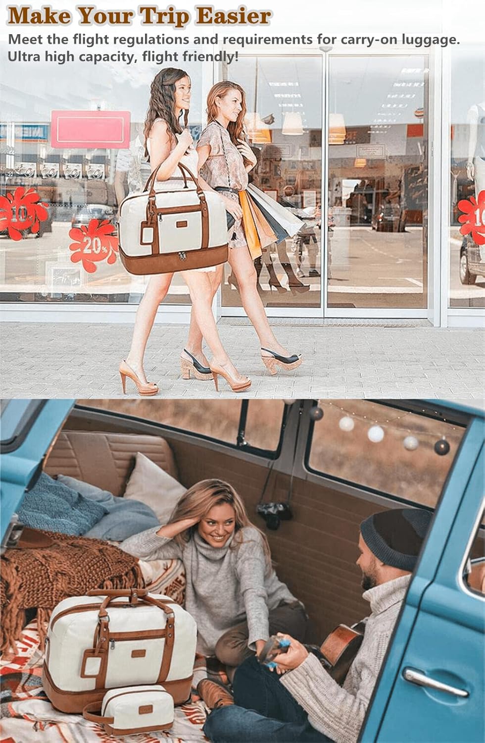 4PCS Weekender Bags for Women Large Overnight Weekend Travel Duffel Carry on Shoulder with Shoe Compartment Canvas Toiletry Bag for Travel Business Gym