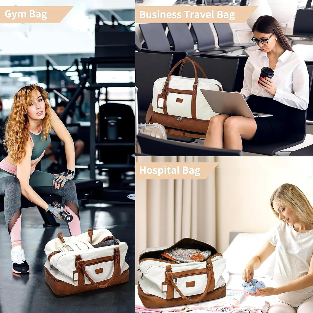 4PCS Weekender Bags for Women Large Overnight Weekend Travel Duffel Carry on Shoulder with Shoe Compartment Canvas Toiletry Bag for Travel Business Gym