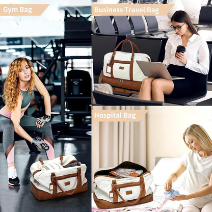 4PCS Weekender Bags for Women Large Overnight Weekend Travel Duffel Carry on Shoulder with Shoe Compartment Canvas Toiletry Bag for Travel Business Gym