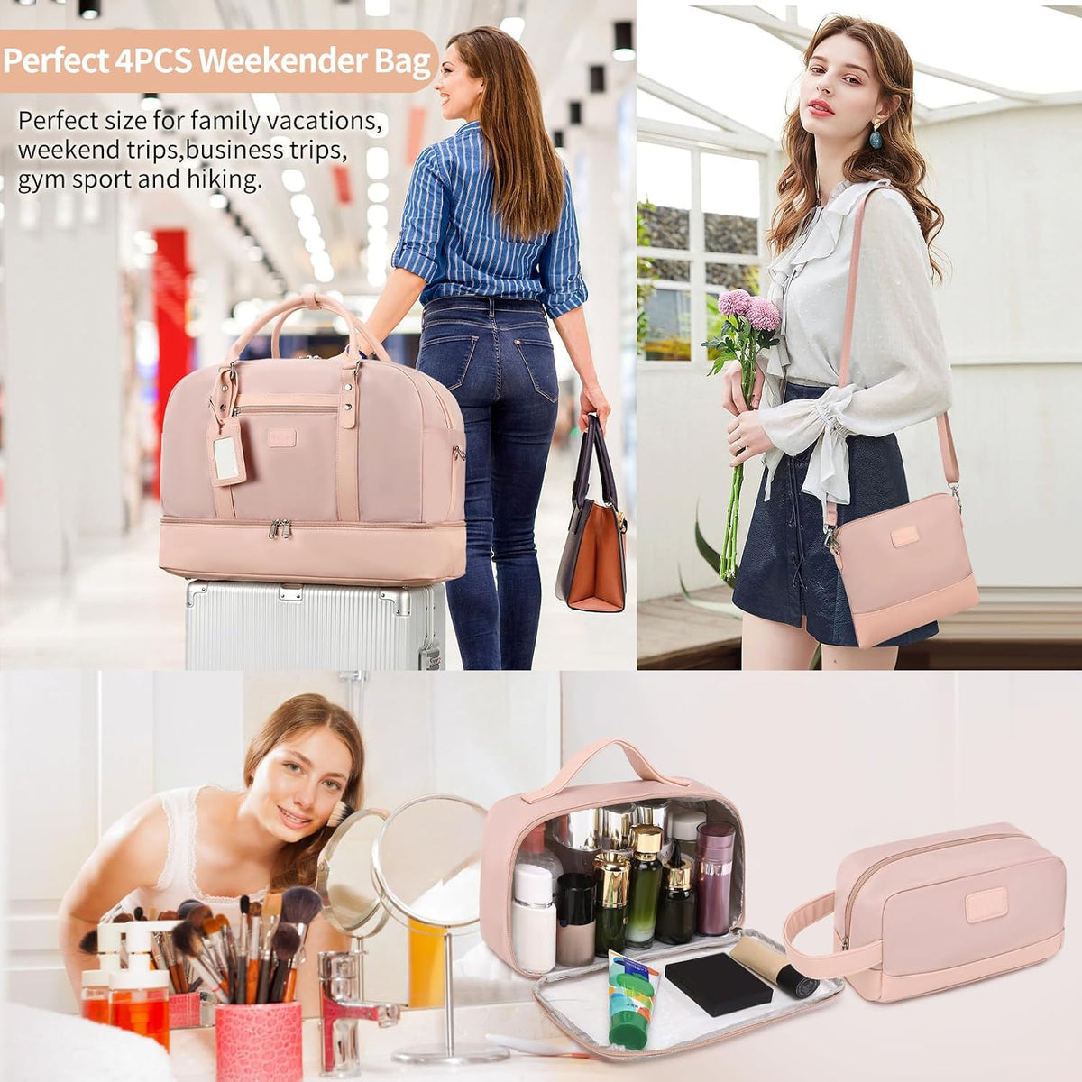 4PCS Weekender Bags for Women Large Overnight Weekend Travel Duffel Carry on Shoulder with Shoe Compartment Canvas Toiletry Bag for Travel Business Gym