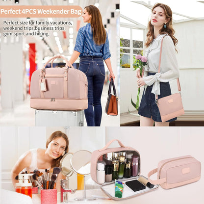 4PCS Weekender Bags for Women Large Overnight Weekend Travel Duffel Carry on Shoulder with Shoe Compartment Canvas Toiletry Bag for Travel Business Gym