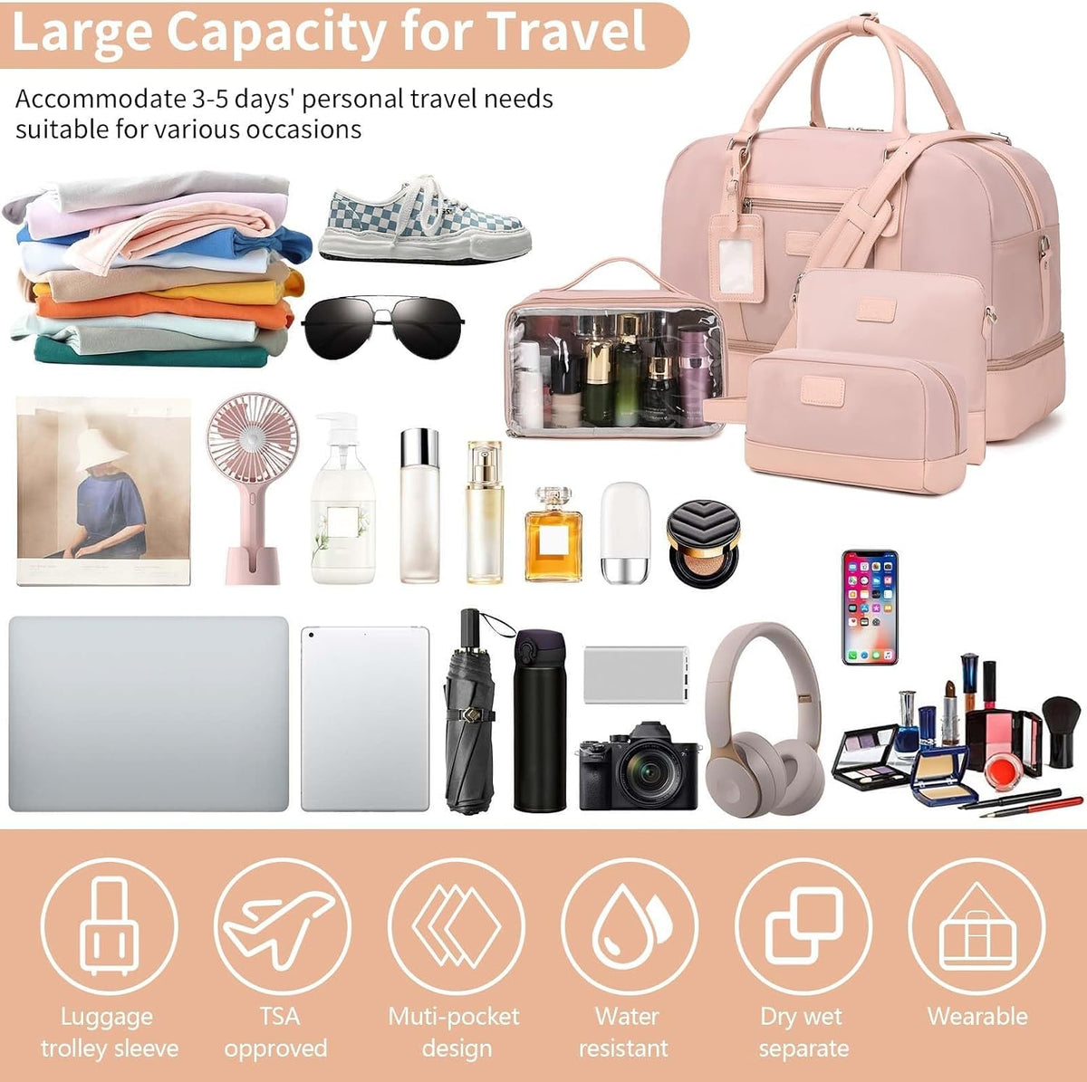 4PCS Weekender Bags for Women Large Overnight Weekend Travel Duffel Carry on Shoulder with Shoe Compartment Canvas Toiletry Bag for Travel Business Gym