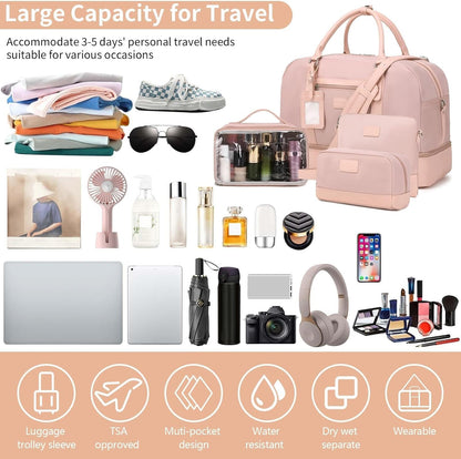 4PCS Weekender Bags for Women Large Overnight Weekend Travel Duffel Carry on Shoulder with Shoe Compartment Canvas Toiletry Bag for Travel Business Gym