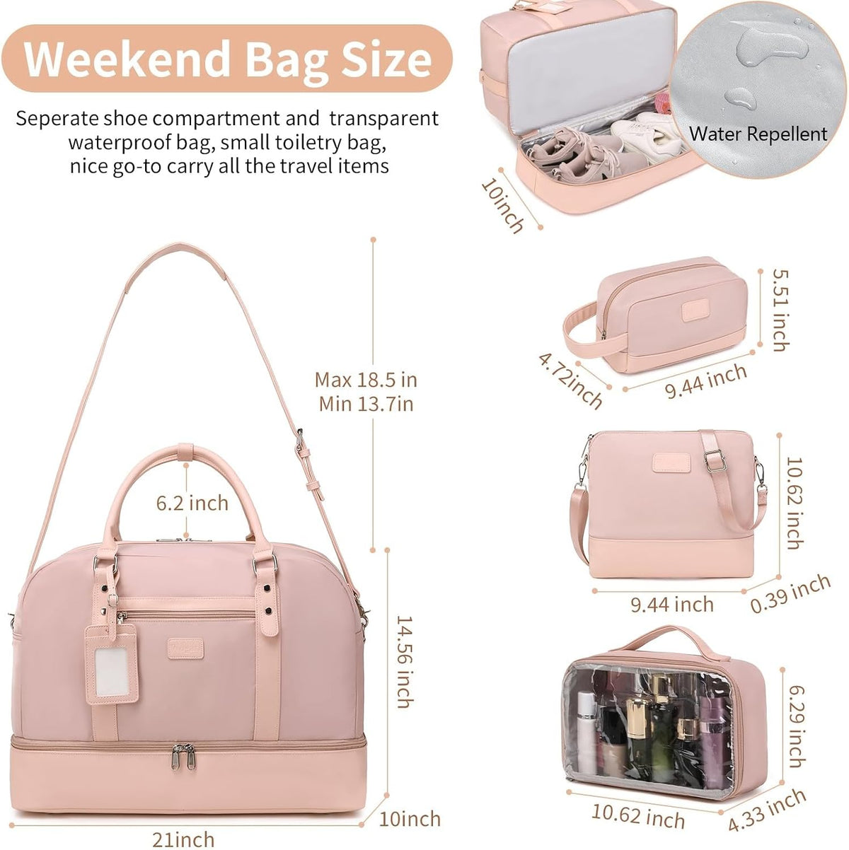 4PCS Weekender Bags for Women Large Overnight Weekend Travel Duffel Carry on Shoulder with Shoe Compartment Canvas Toiletry Bag for Travel Business Gym