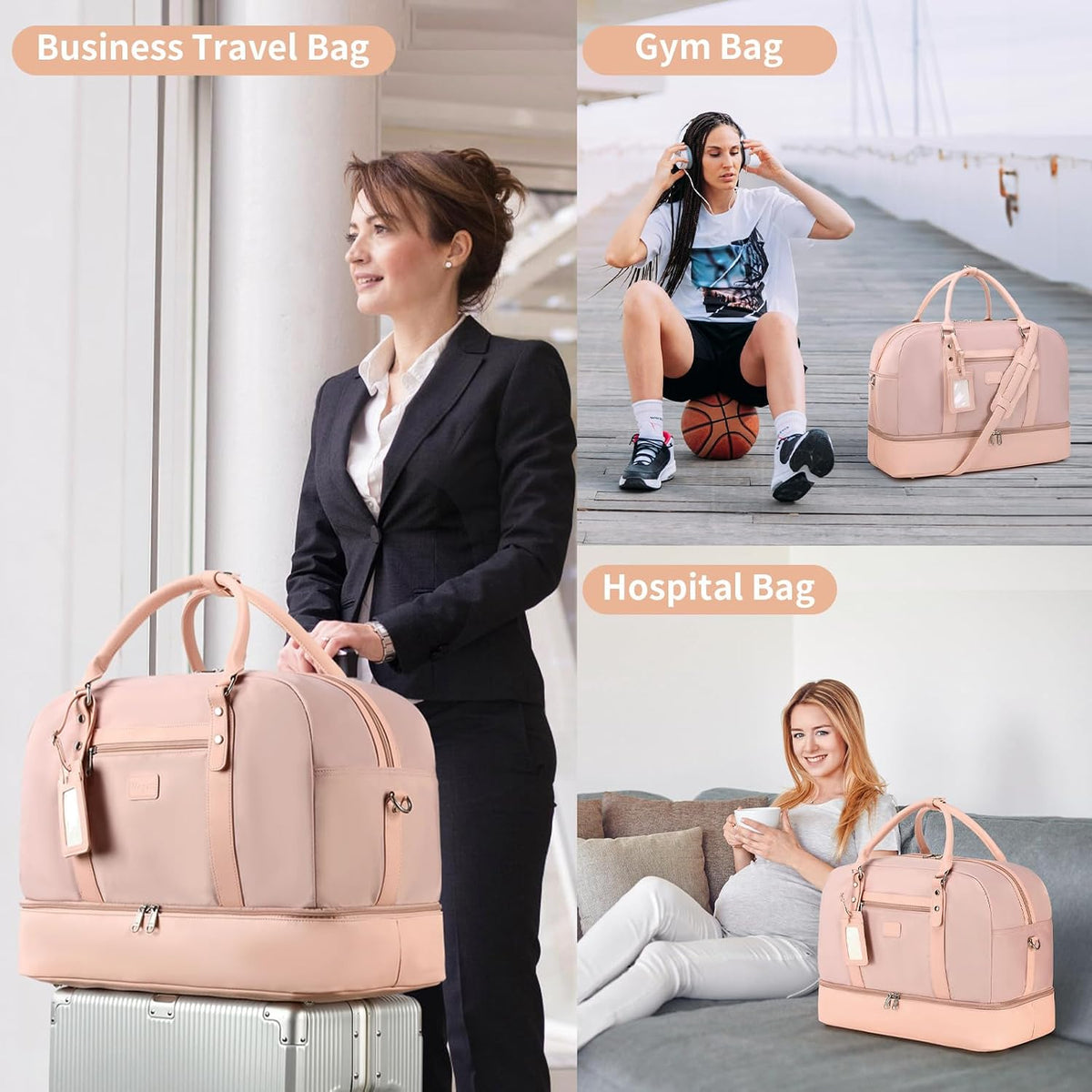 4PCS Weekender Bags for Women Large Overnight Weekend Travel Duffel Carry on Shoulder with Shoe Compartment Canvas Toiletry Bag for Travel Business Gym