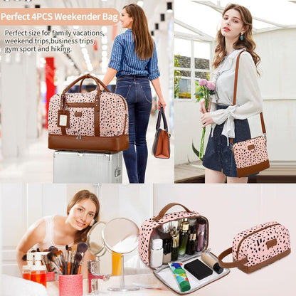 4PCS Weekender Bags for Women Large Overnight Weekend Travel Duffel Carry on Shoulder with Shoe Compartment Canvas Toiletry Bag for Travel Business Gym