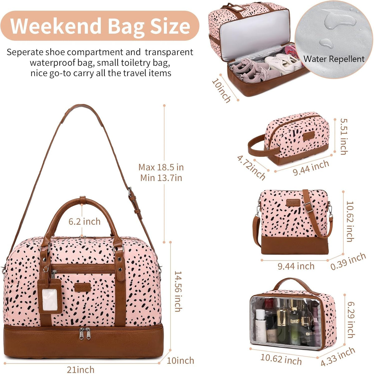 4PCS Weekender Bags for Women Large Overnight Weekend Travel Duffel Carry on Shoulder with Shoe Compartment Canvas Toiletry Bag for Travel Business Gym