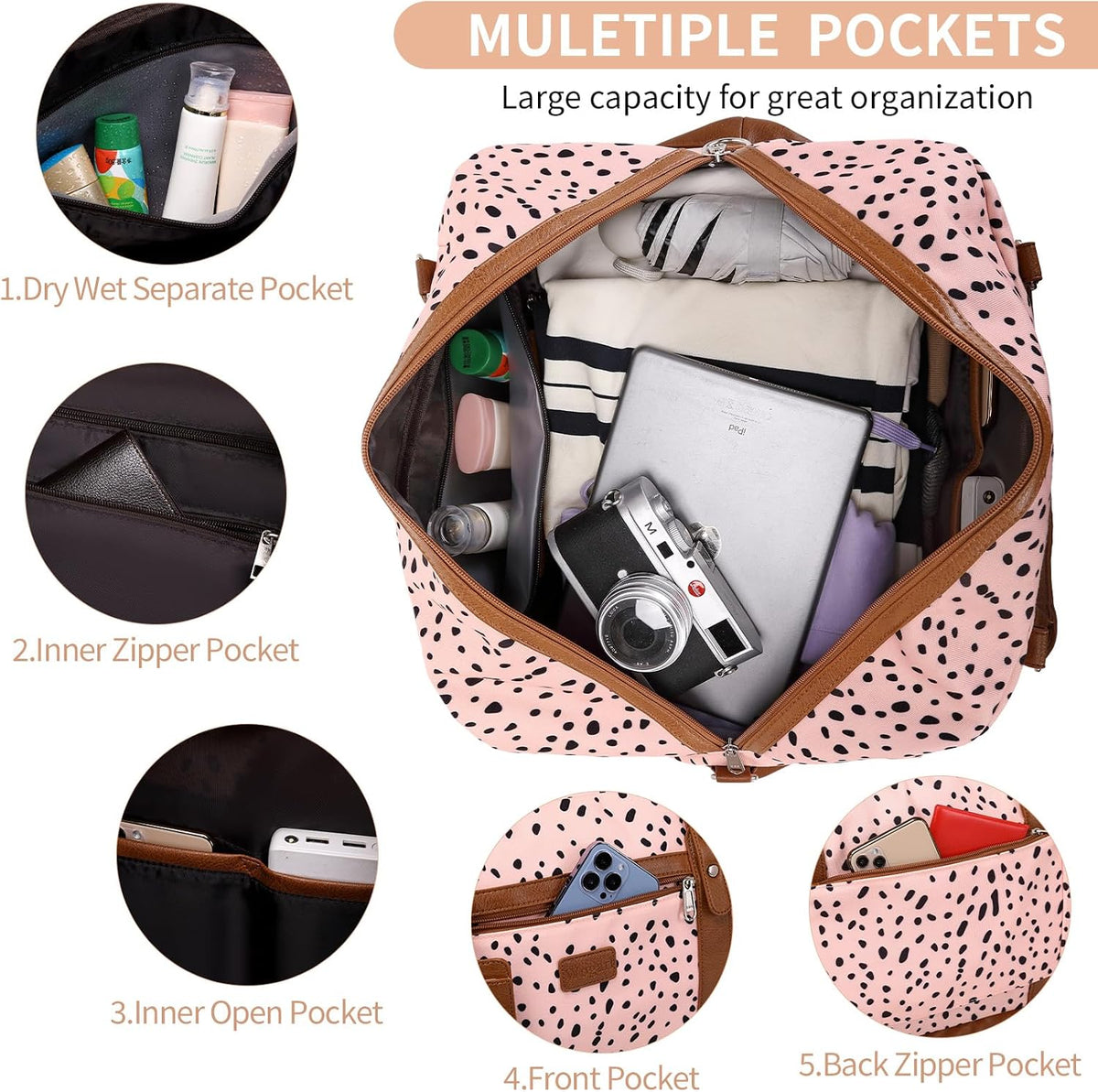 4PCS Weekender Bags for Women Large Overnight Weekend Travel Duffel Carry on Shoulder with Shoe Compartment Canvas Toiletry Bag for Travel Business Gym
