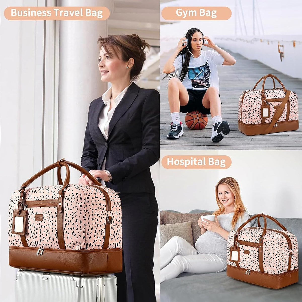 4PCS Weekender Bags for Women Large Overnight Weekend Travel Duffel Carry on Shoulder with Shoe Compartment Canvas Toiletry Bag for Travel Business Gym