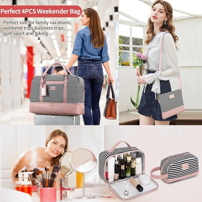 4PCS Weekender Bags for Women Large Overnight Weekend Travel Duffel Carry on Shoulder with Shoe Compartment Canvas Toiletry Bag for Travel Business Gym