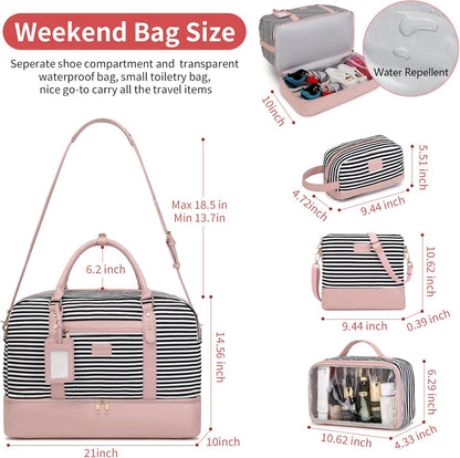 4PCS Weekender Bags for Women Large Overnight Weekend Travel Duffel Carry on Shoulder with Shoe Compartment Canvas Toiletry Bag for Travel Business Gym