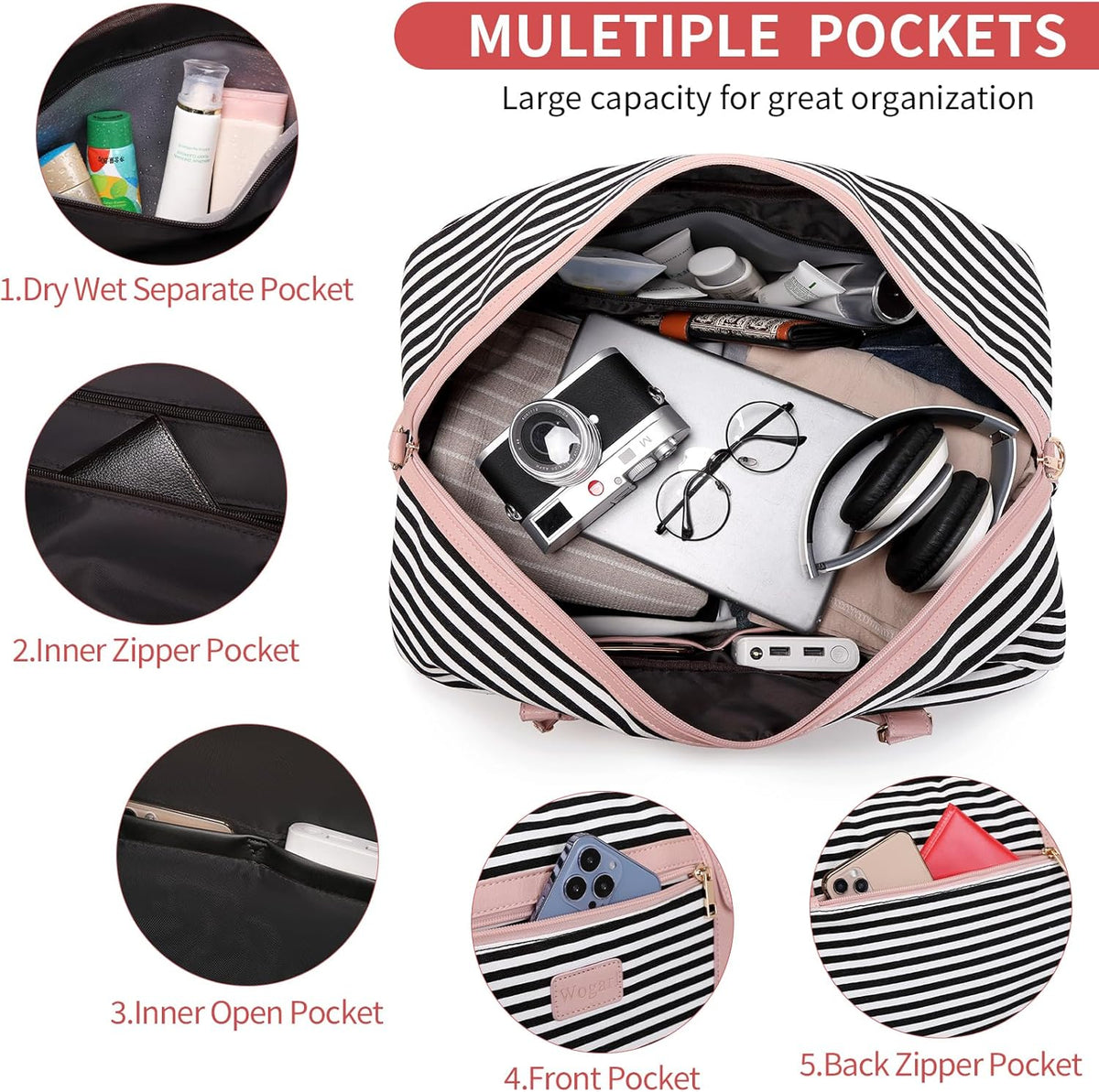 4PCS Weekender Bags for Women Large Overnight Weekend Travel Duffel Carry on Shoulder with Shoe Compartment Canvas Toiletry Bag for Travel Business Gym