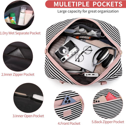 4PCS Weekender Bags for Women Large Overnight Weekend Travel Duffel Carry on Shoulder with Shoe Compartment Canvas Toiletry Bag for Travel Business Gym