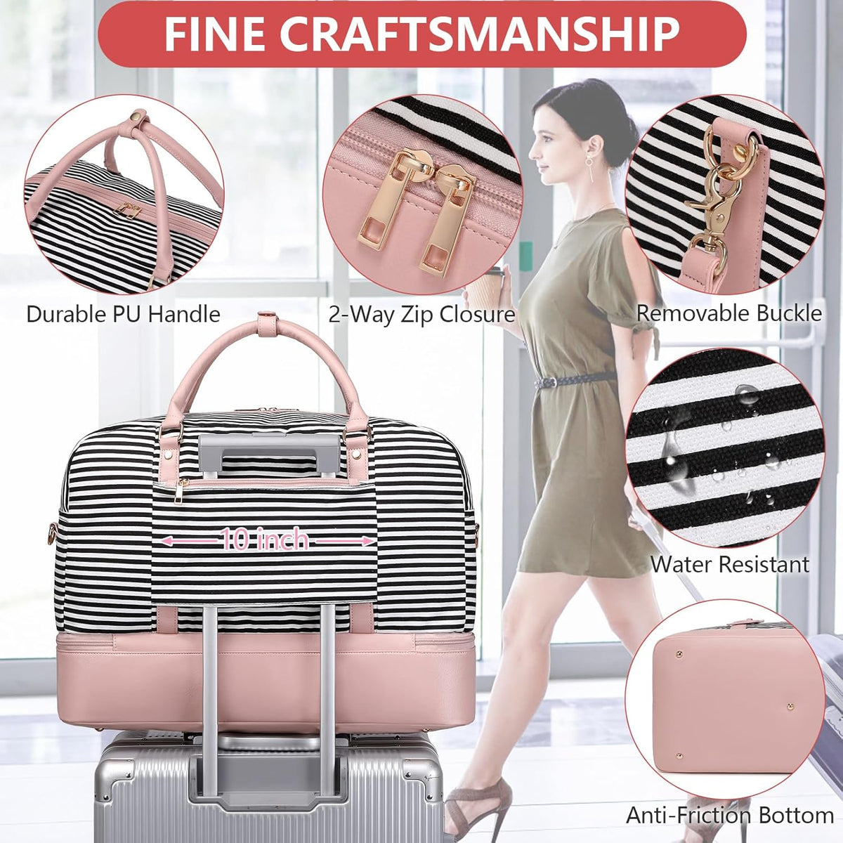 4PCS Weekender Bags for Women Large Overnight Weekend Travel Duffel Carry on Shoulder with Shoe Compartment Canvas Toiletry Bag for Travel Business Gym