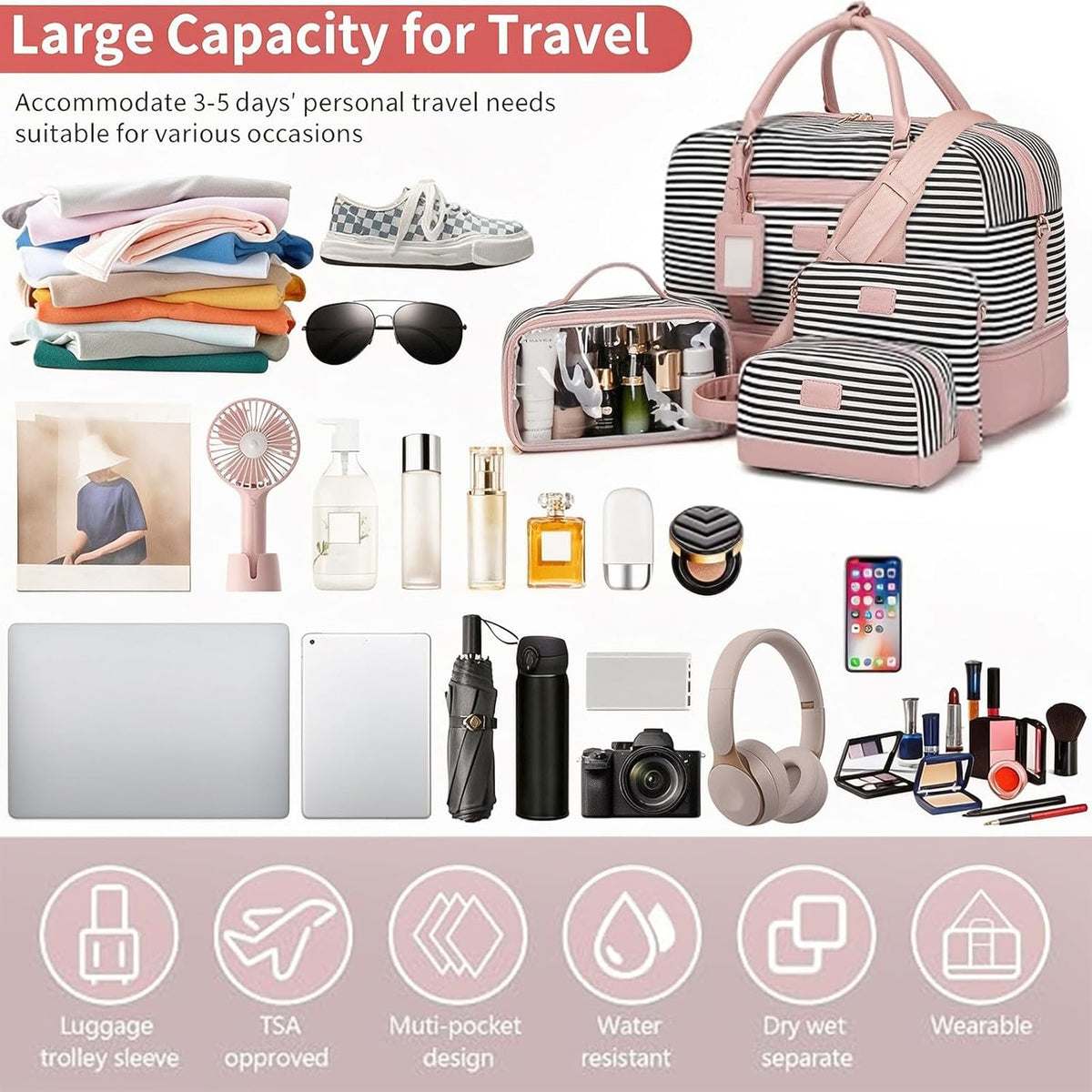4PCS Weekender Bags for Women Large Overnight Weekend Travel Duffel Carry on Shoulder with Shoe Compartment Canvas Toiletry Bag for Travel Business Gym