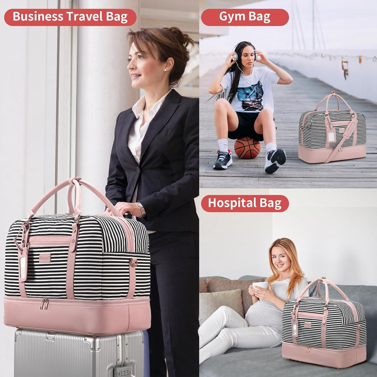 4PCS Weekender Bags for Women Large Overnight Weekend Travel Duffel Carry on Shoulder with Shoe Compartment Canvas Toiletry Bag for Travel Business Gym